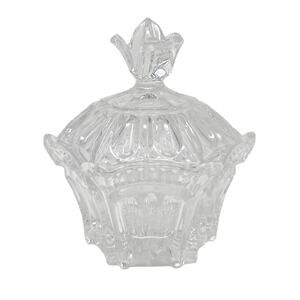 Vintage Glass Crystal Hexagon Footed Candy Nut Dish w Lid Crown Ornate MCM EUC